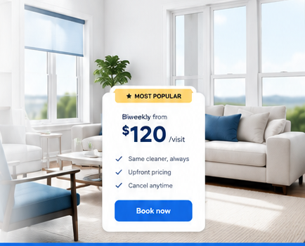 A bright, freshly cleaned living room with blue accents
